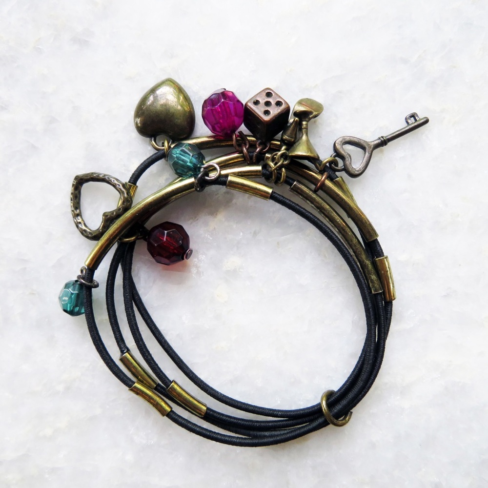 Black Gold Brass Charm Bracelet heart stones key